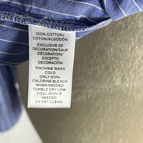 LOFT EMBROIDERED RUFFLE SLEEVE MENSWEAR STYLE BUTTON TOP, BLUE WHITE PINSTRIPE M - Picture 7 of 10